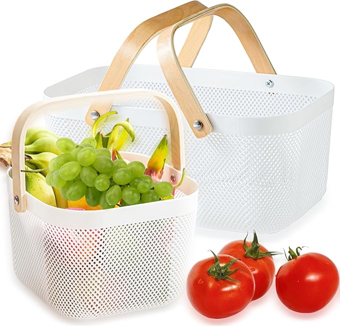 Nexboraque 2 Pack Plastic Mesh Garden Harvest Basket, Plastic Picnic Baskets with Foldable Wooden Handle, Rectangle Fruit Vegetable Storage Organizer Bins for Gathering, Kitchen, Pantry, White