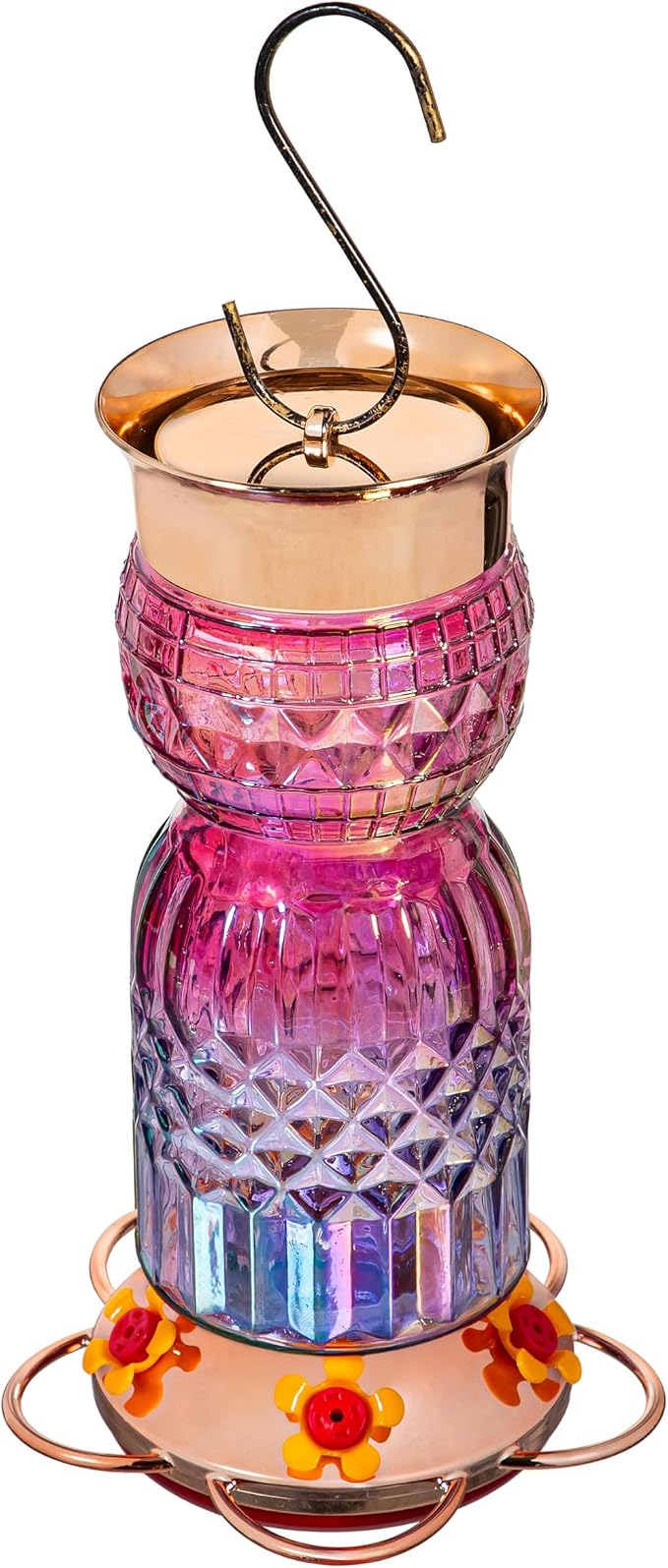 Evergreen Garden Iridescent Glass Hummingbird Feeder, 31 Ounces Hanging Bird Feeder Outdoors for Garden, Patio (Pink Ombre)