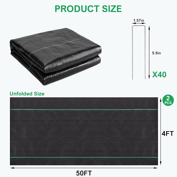 4ftx100ft Weed Barrier Landscape Fabric - 3.2oz Premium Heavy Duty Weed Block Ground Cover Mat with 40 U-Shaped Securing Pegs | Woven Geotextile Fabric for Weed Control Garden Cloth