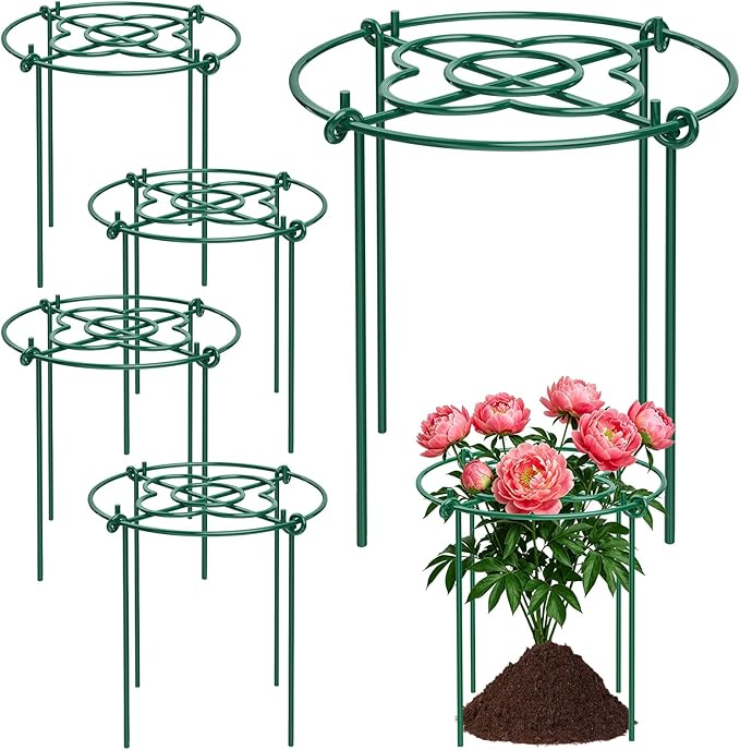 cyrico Peony Cages and Supports 5 Pack, 12” x 16” Heavy Duty 3.5mm Metal Peony Stakes with 4 Legs, Rust-Proof Grow Through Plant Support Hoops, Outdoor Garden Flower Support Rings for Heavy Blossoms