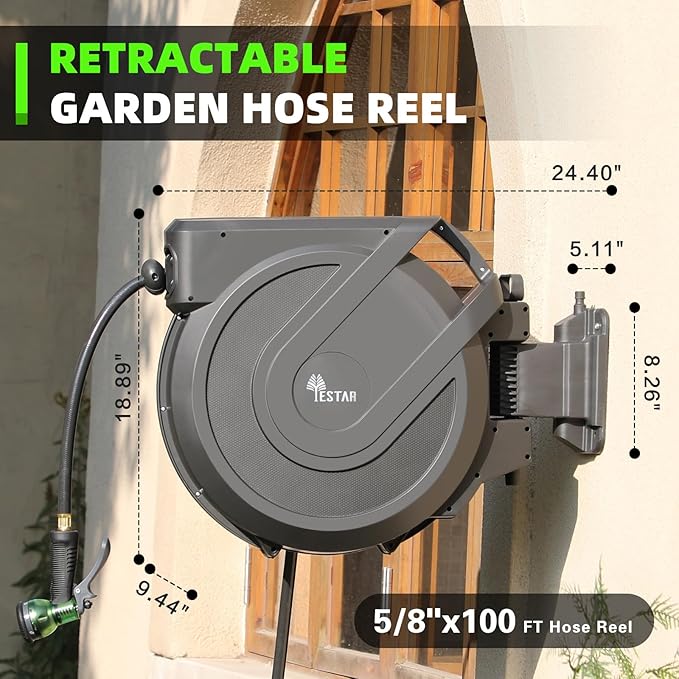 Retractable Garden Hose Reel 1/2 in x130 ft, Heavy Duty Wall Mounted Hose Reel with 7- Function Sprayer Nozzle, Any Length Lock/Automatic Slow Return System,180° Swivel Bracket
