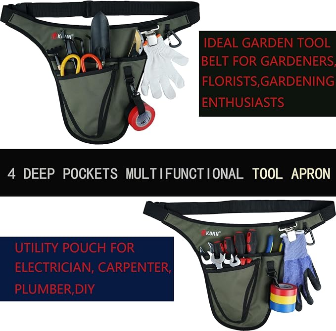 KUNN Garden Tool Belt,Durable Adjustable Tool Belt Waist Pouch with 4 Pocket for Women Men Gardeners Florist Army Green + Small Kneeling Pad 9"X6.5"X1" Mini Foam Kneeing Pad with 360°Hook