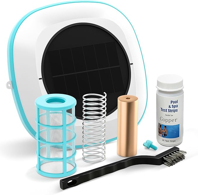 Solar Pool Ionizer for Inground and Above Ground Pools, Up to 45,000 Gal - Heavy Duty 1lb Copper Anode, Reduces Chlorine & Maintenance, Saltwater Compatible Water Clarifier, Lake Blue