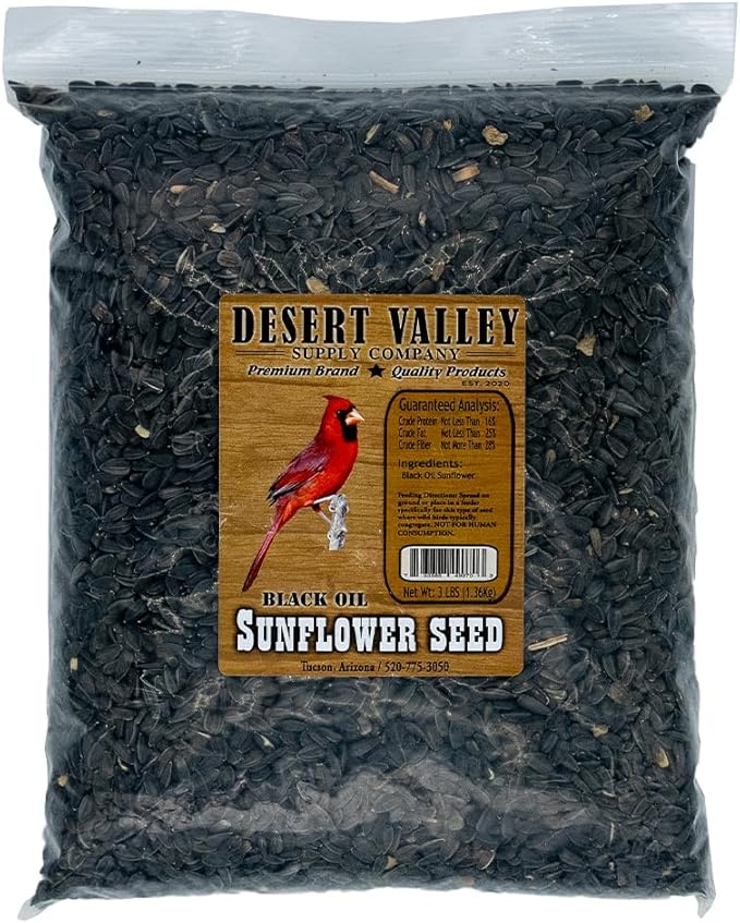 Desert Valley Black Oil Sunflower Seed, All Natural, Non-GMO Premium Wild Bird and Wildlife Food for Cardinals, Dove, Jays, Squirrels, and More (3 Pounds)