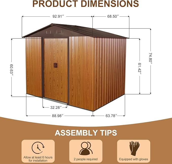8FT x 6FT Outdoor Metal Storage Shed, Galvanized Steel Garden Shed with Lockable Sliding Door, Ventilated Tool Storage House with Foundation Kit, UV Resistant Backyard Shed forPatio Storage, Coffee