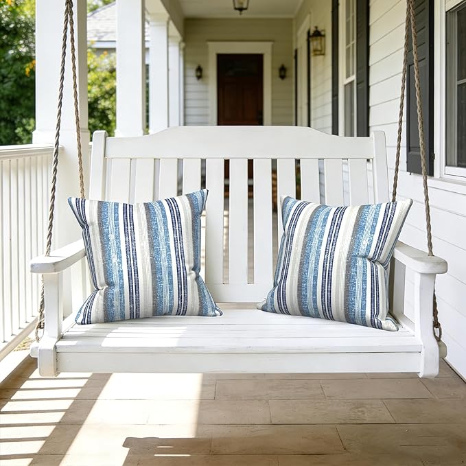 LVTXIII Outdoor Pillow Covers 20x20 Inch, 2 Pack Large Square Throw Pillow Cases, Fade-Resistant Cushion Covers for Patio Furniture Sofa, Garden Porch, Stripe Layered Blue