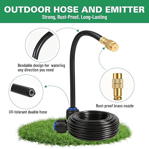 Riboud 110Ft Drip Irrigation System, 2026-Upgrade Garden Watering Kit with 16 Adjustable Copper Rotating Arm Nozzles, 360° Flexible Spray Irrigation Kit for Raised Beds, Lawn, Greenhouse