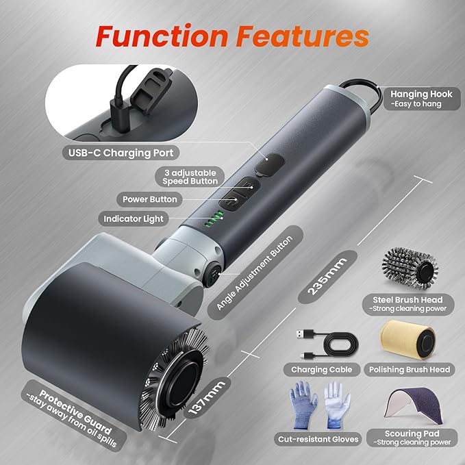Electric Grill Brush for Outdoor Grill,3-in-1 Kit Cordless Rotary Grill Cleaner with 3-Speed Control&Angle Adjust,Safe for Cast Iron/Stainless-Steel Grates,Ideal BBQ Gifts for Men Dad