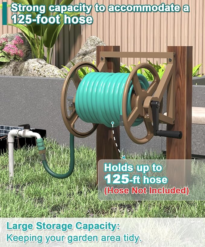 Artigarden Garden Hose Reel Wall Mounted, Outdoor Heavy Duty Powder Coated Metal Water Hoses Holder Winder Holds 125 ft 5/8" Hoses with 3.9ft Leader Hose, Stainless Steel Connector for Outside, Brown