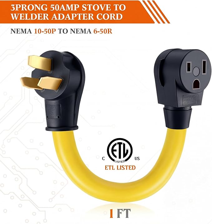 Kanayu 10-50P to 6-50R 50amp Welder Adapter Cord Compatible with NEMA, 3 Prong Range Stove Oven to Welder Plasma Cutter Adapter with Ergonomic Handle Heavy Duty STW 8 AWG*3C, 1ft, ETL Listed