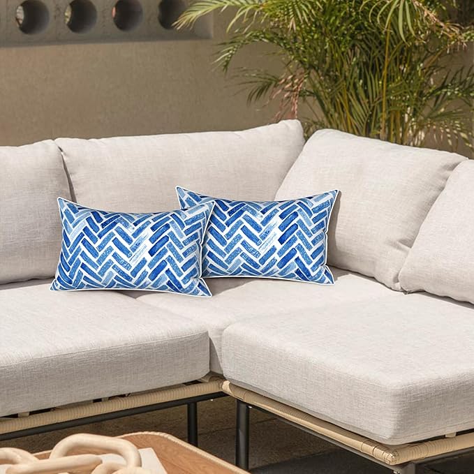 LVTXIII 2 Pack Outdoor Lumbar Pillow Covers 12x20 Inch with Piping, Water-Repellent Back Cushion Covers ONLY for Patio Furniture, Sofa, Garden Bench, Blue Bricks