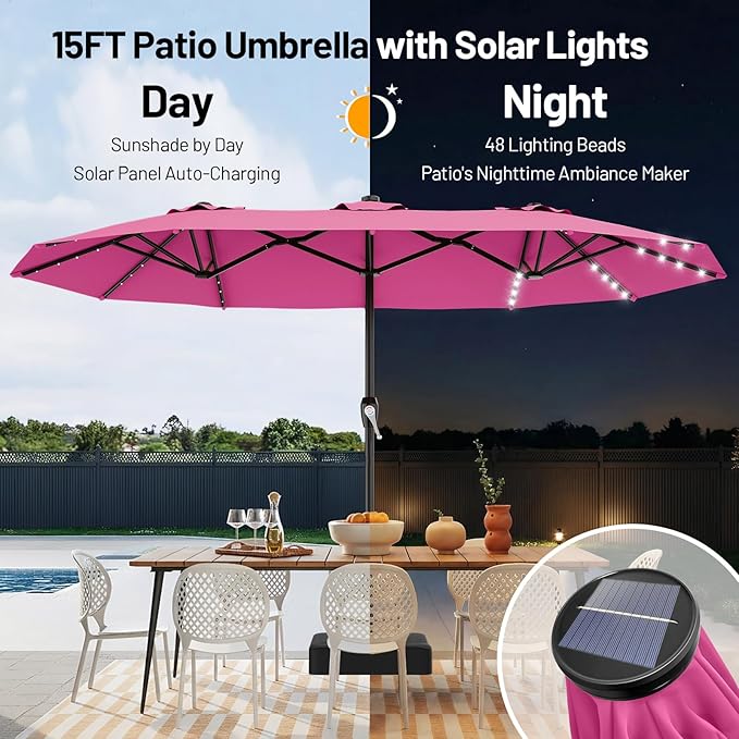 AreShark 15FT Patio Umbrella with Solar Lights, Double Sided Outdoor Table Umbrellas with Crank, Large Rectangular Market Umbrella for Porch, Lawn, Pool, Backyard, Rose Pink