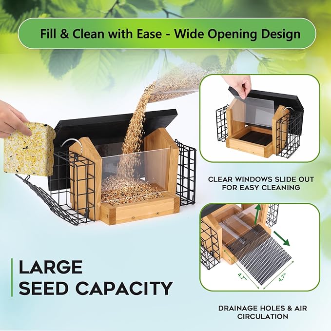 Gbekery Hopper Bird Feeder for Outdoors Hanging, Wooden Bird Feeder with Double Suet Cage and Large Seed Capacity, Cedar Wood Suet Feeder with Weatherproof Roof, Garden Decoration