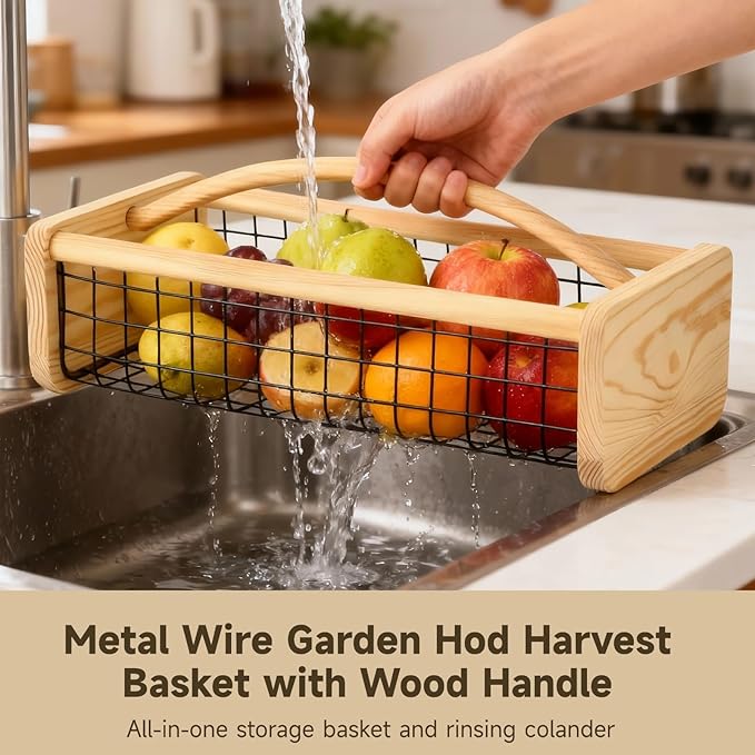 yeesport Metal Wire Garden Hod Harvest Basket with Wood Handle, 16.5 x 7.9 x 4.8 in, Large Capacity Fruit and Vegetable Storage Basket for Kitchen, Pantry, and Garden