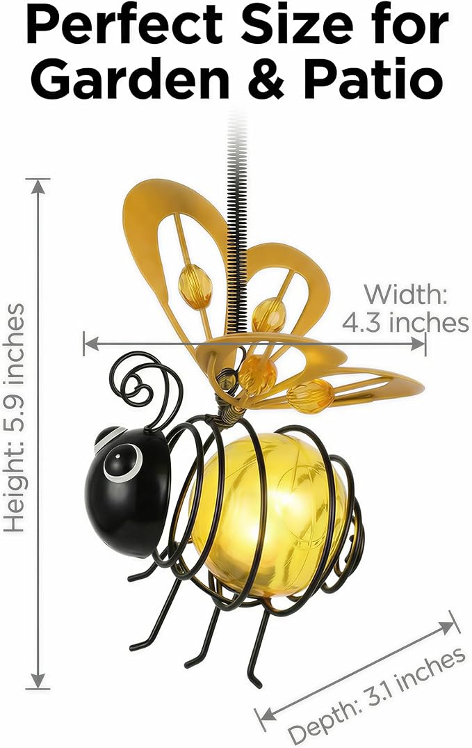 Solar Hanging Bee Light – Outdoor Metal Garden Decor with LED Glow, Yellow Glass Body – Waterproof Solar Powered Insect Ornament for Yard, Tree, Porch, Patio Outdoor Lighted Holiday Displays (4 Pack)