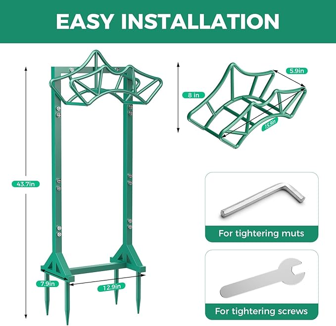 Garden Hose Holder with 2 Tool Hooks, Heavy-Duty Freestanding Hose Holder Holds 160Ft Hoses, Rustproof Freestanding Hose Stand with 4 Spikes Water Hose Hanger Storage Reel Rack for Outside, Yard, Lawn