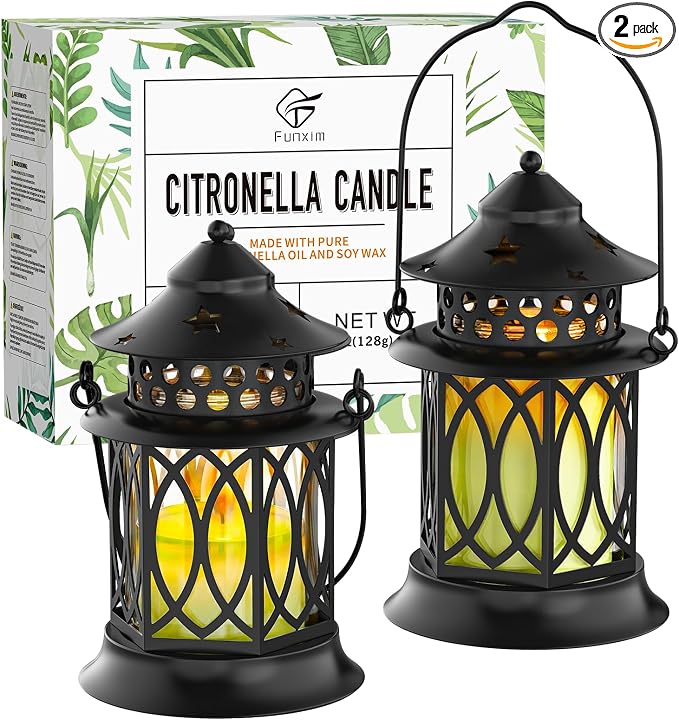 Citronella Candles Outdoor, 2 Pack Lemongrass Scented Soy Wax Candles with Metal Lantern Holder, Outdoor Candle Set for Patio Garden Camping Decor, Gift Set