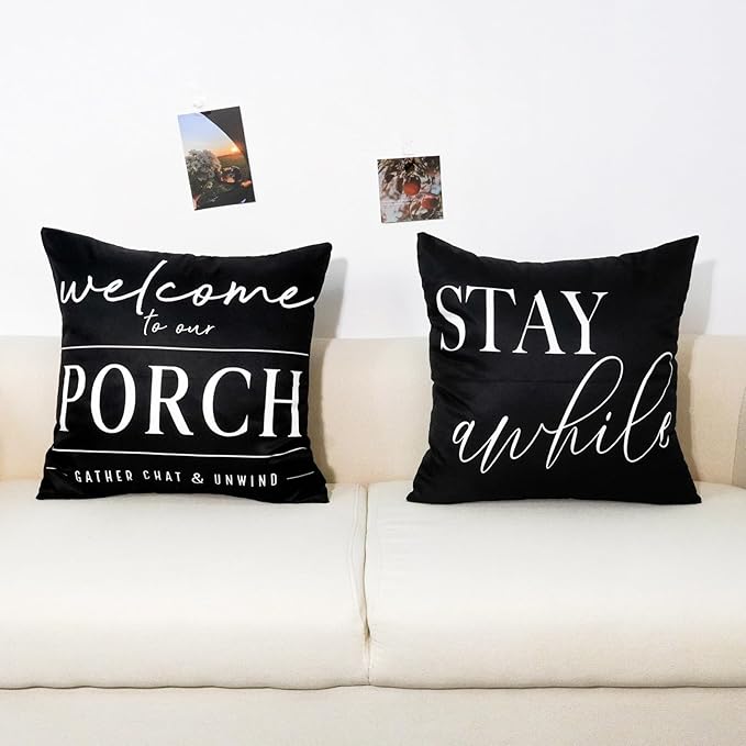 TAJWE Outdoor Pillow Covers Waterproof 18x18 Set of 2 Black and White Decorative Welcome to Our Porch Stay Awhile Cushion Cases for Patio Furniture Sofa Couch Decor
