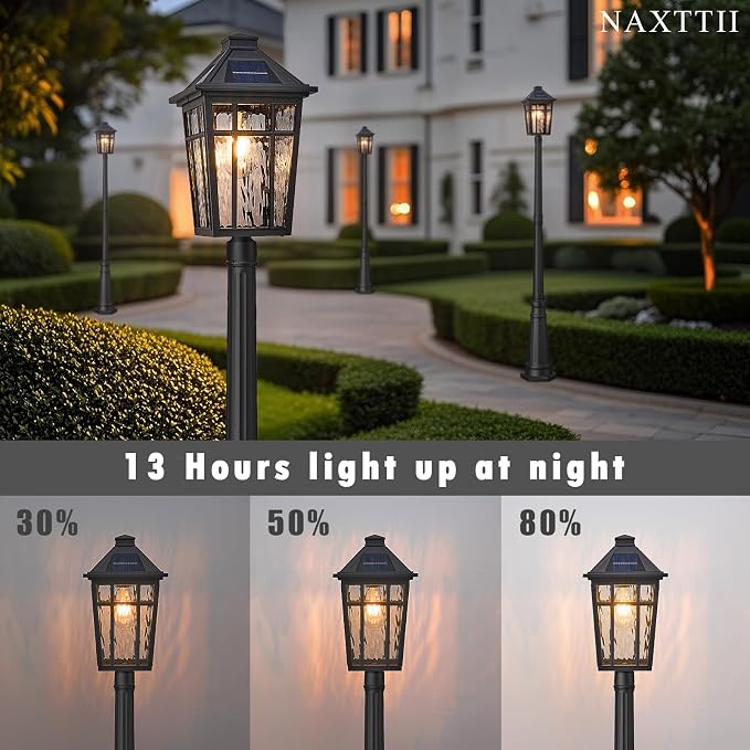 Outdoor Solar Lamp Post Light Dusk to Dawn Waterproof Solar Pole Lights with Water Ripple Glass 80.7 Inch Height Aluminum Black Street Light with Remote Control and LED Bulb