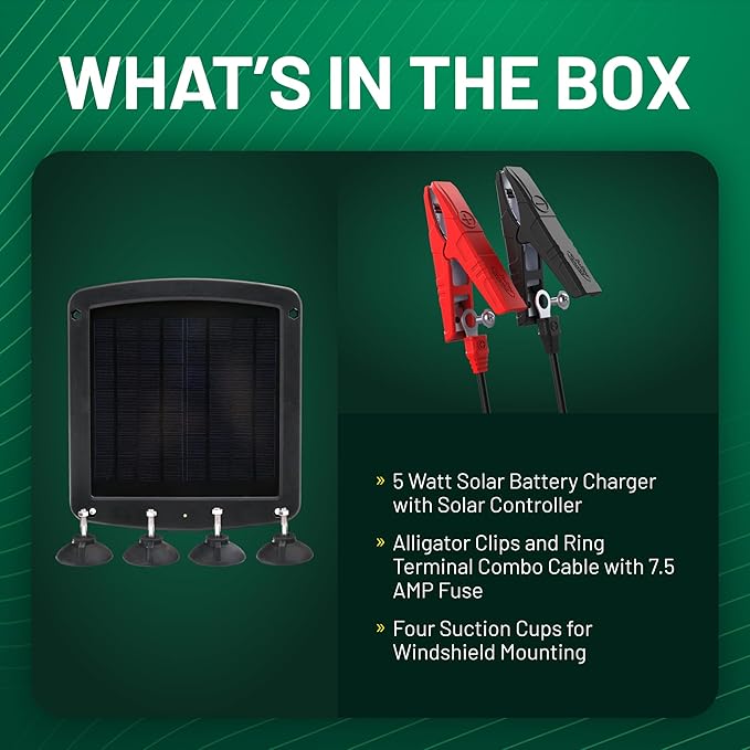 Battery Tender 5 Watt Solar Panel 12V Battery Charger with Charge Controller - IP67 Weatherproof - Windshield Mountable for Motorcycles, Cars, SUVs and Campers - 021-1171