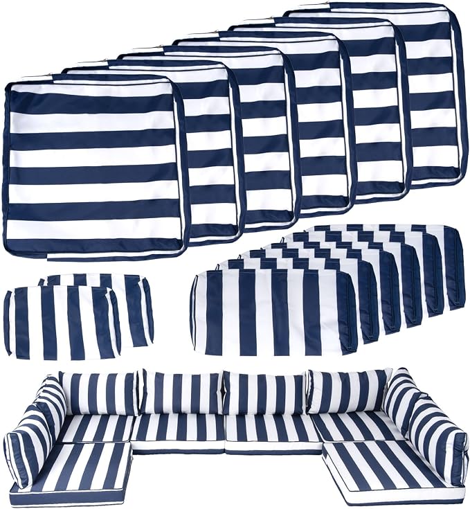 14 Piece Outdoor Patio Cushion Covers Replacement, Waterproof Outdoor Furniture Cushion Covers, Fit 7 Pcs 6 Seater Wicker Rattan Conversation Sofa Set,Blue White Stripes(Only Cover) 25.6x25.6"