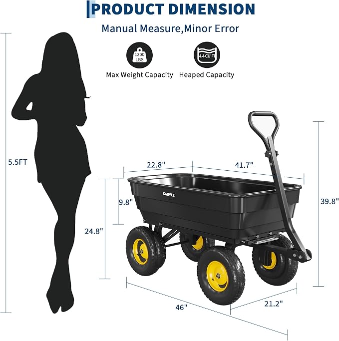 Garvee Poly Garden Dump Cart, Heavy Duty 1200lbs Wheelbarrow Yard Cart Dump Wagon with 13" All Terrain Wheels, Garden Utility Wagon with Quick Release System& Convertible Handle Attach to ATV (Black)