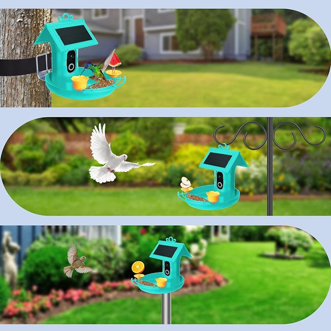 Bird Feeder with Camera - 4K HD Live View, Smart Bird Feeder Solar Powered, AI Recognition Auto Capture Video, 3-in-1 Feeding & Bathing & Hummingbird, Outdoor Garden Bird House (Blue)
