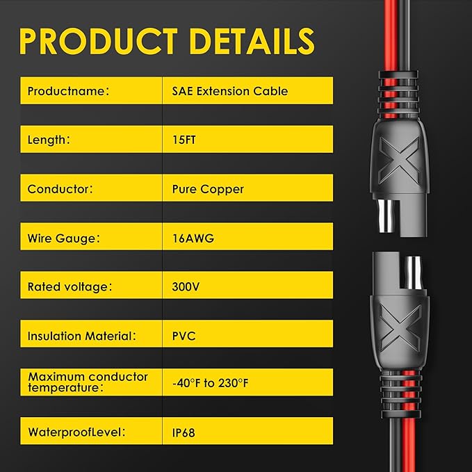 SUNAPEX SAE to SAE Extension Cable: 16 AWG 15 FT Pure Copper Cord - Waterproof Quick Disconnect Wire Connectors with Polarity Reverse Adapter Dust Caps for Automotive, Solar Panel, RV, Battery Charger
