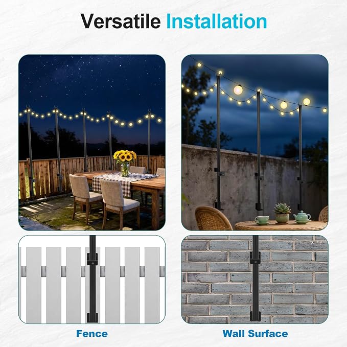 FAHKNS 10 Pack 5FT String Light Poles for Deck, Outdoor Metal Deck Light Poles with Fixing Clips, Hanging Light Poles for Patio Garden Yard Fence Porch Decor