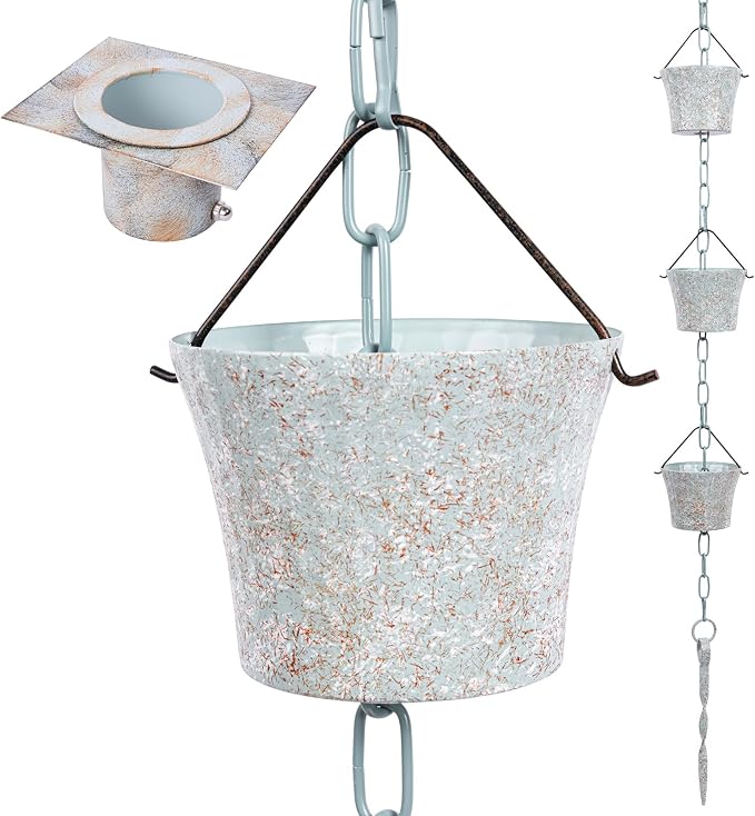 Rain Chain for Gutters with Adapter,Wrought Iron Rain Chains Set 8.5 Ft,Not Rust, Gotta Drain with Metals Anchoring Stake, 14 Cups, 1 Hook, Adjustable Gutter Downspout for Outdoor(Cyan)