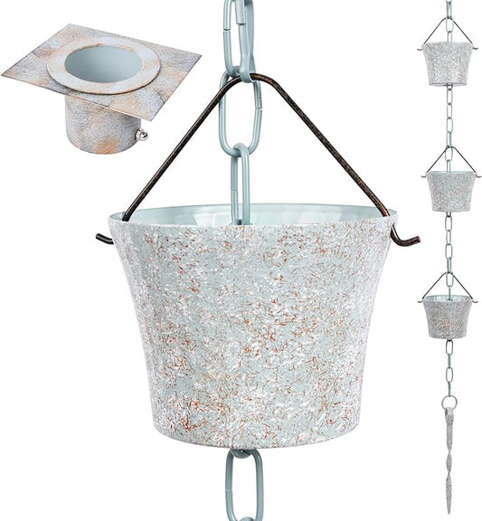 Rain Chain for Gutters with Adapter,Wrought Iron Rain Chains Set 8.5 Ft,Not Rust, Gotta Drain with Metals Anchoring Stake, 14 Cups, 1 Hook, Adjustable Gutter Downspout for Outdoor(Cyan)