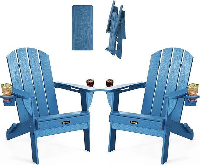 Folding Adirondack Chair Set of 2, Wooden Textured Plastic Adirondack Chairs with 2 Cup Holder, Weather Resistant HDPE Fire Pit Chair, Outdoor Patio Chairs for Garden, Backyard, Lawn, Deck, Blue