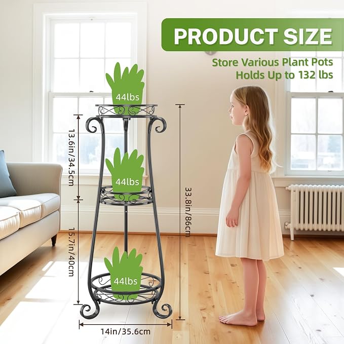 iDavosic.ly Metal Plant Stand for Indoor Outdoor Set of 2, 5 Tier Large Foldable Iron Carving Flower Pot Holder Shelf and 3 Layer Tall Vertical Display Rack for Patio Porch Living Room Garden, Black