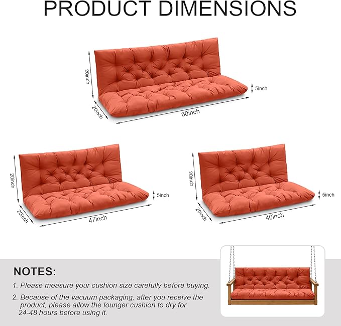 Porch Swing Cushions, Outdoor Swing Replacement Cushions 3 Seater with Backrest, Waterproof Bench Cushion with Ties,for Patio,Porch, Garden,Backyard