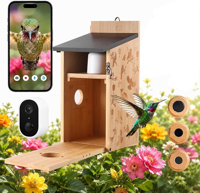 Smart Bird House with Camera, Wooden Birdhouse for Outdoor Bird Watching, App Live View, Color Night Vision, Motion Detection, 2-Way Audio, Waterproof Backyard Bird Nesting Box