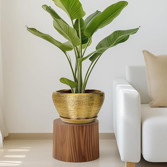 Ceramicfor Ceramic Planter 11 Inch - Indoor Plant Pot with Drainage Hole and Saucer Large Planter for Outdoor Plants Mid-Century Decorative Flower Pot for Home Decor Gold