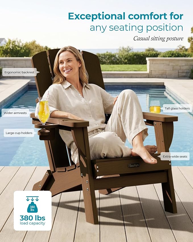 Folding Adirondack Chair 2 Pack, HDPE All-Weather Fire Pit Chairs, Plastic Adirondack Chairs with 2 Cup Holder, Outdoor Lawn Chair for Patio Garden (Brown)