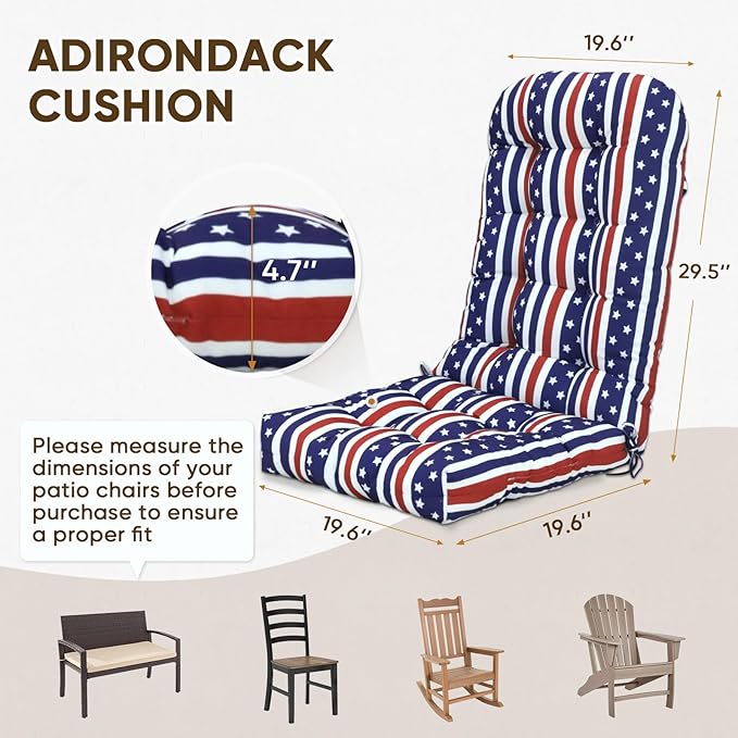 COOS BAY High Back Adirondack Chair Cushions for Outdoor Furniture, 49x20x5 in Water-Resistant Thick Tufted Patio Chair Cushions with Secure Straps, Set of 2, American Flag