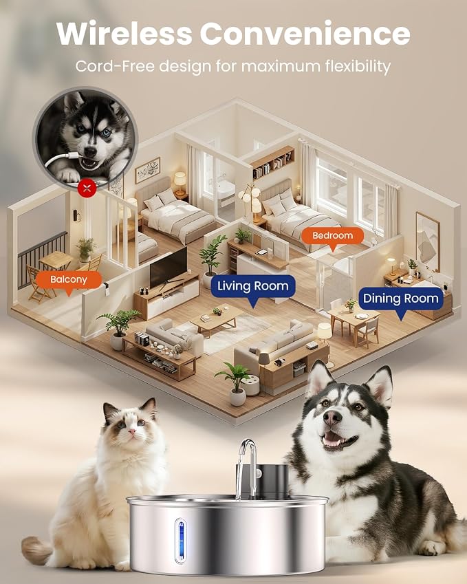 Wireless Dog Water Fountain for Large Dogs, 12L/3.2Gal Stainless Steel Dog Fountain Water Bowl with Sensor, Quiet Pump BPA-Free Automatic Water Dispenser for Cats Dogs Pets