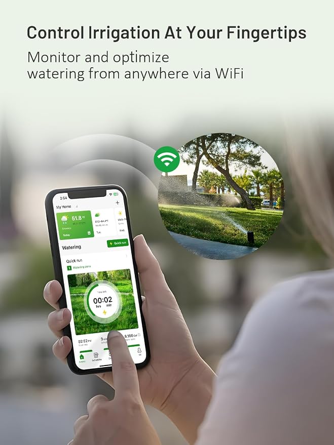 Indoor Smart Sprinklers Controller WiFi, Irrigation Controller Easy Use App Enabled, 8 Zone + 16 Plans, Save Water Auto Skip Rain, Freeze & Wind, 10 Minutes Install