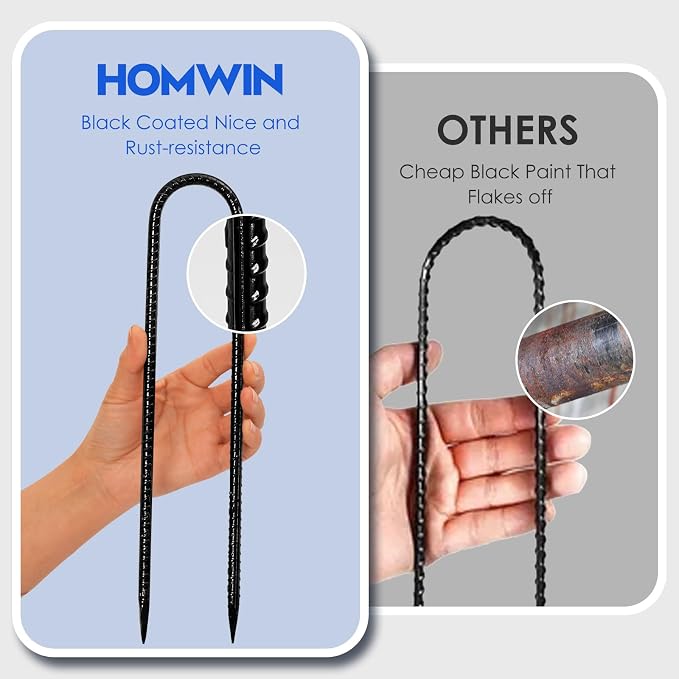 Homwin Trampoline Stakes 12 inches 10-Pack U Stake for Ground Heavy Duty Trampoline Anchors High Wind Stakes for Fence, Swing Set, Outdoor Decoration and Gazebo