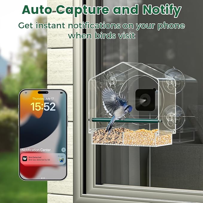 Svanur Window Bird Feeder with Camera,Wild Bird Feeders for Outdoors,AI Identify & Auto Capture Bird Feeder for Viewing,Strong Suction Cups,Real-Time Alerts,Ideal Gifts for Bird Lovers