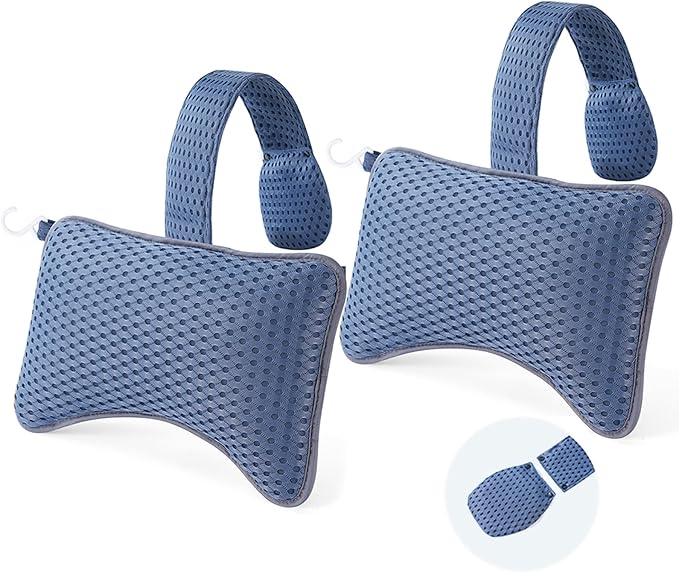 2-Pack Large Pillows for Hot Tub (Blue), Spa & Chaise Lounge – Universal Headrest & Neck Support Cushion with Removable Weighted Pouch, Long Strap for Height Adjustment & Easy-Dry Hook