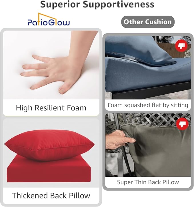 PatioGlow Outdoor Seat Cushion Set 22 x 24 x 4 Inch, Waterproof & Fade Resistant Patio Furniture Cushions with Removable Cover and Ties, Thick Deep Seating Pads for Outside Chair Sofa Couch, Red