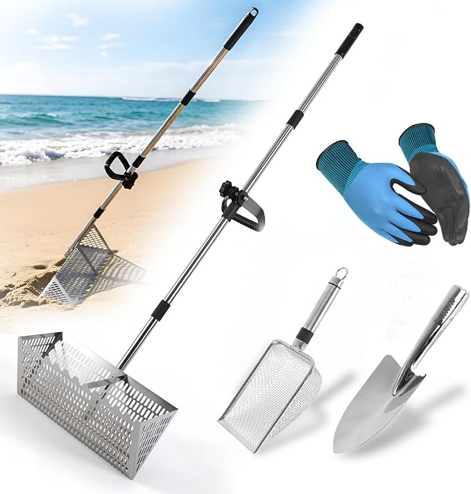Sand Flea Rake，Detachable Long Handle Sand Sifter with Stainless Steel Sand Scoop Shark Tooth Sifter and Beach gloves with 16-Inch-Wide Drainage Mesh for Finding Fleas,Shells Shark Teeth,Yard Cleaning