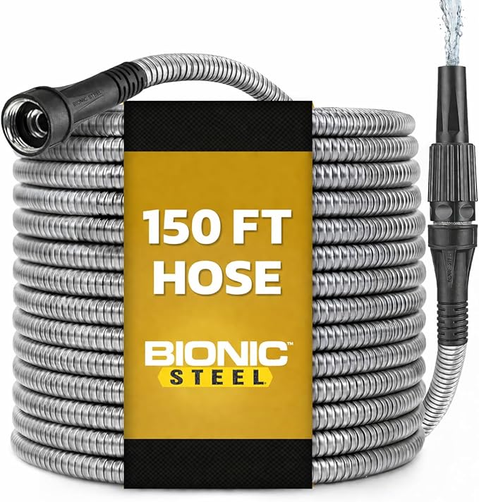 Bionic Steel 150 FT Long Garden Hose with Nozzle, 304 Stainless Steel Metal Water Hose 150ft, Flexible Hose, Kink Free, Lightweight & Durable, Crush Resistant Fitting, Easy to Coil, 500PSI- 2026 Model