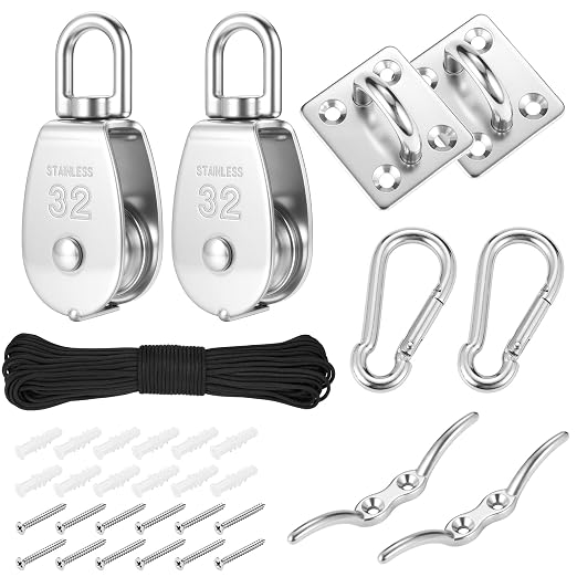 2 Sets M32 Cable Pulley System for Lifting Hanging, Including Heavy Duty Stainless Steel Single Pulley Block with 66FT Nylon Rope, Snap Hooks, Eye Pad Plate, Rope Cleat Hook, Loading 551lb