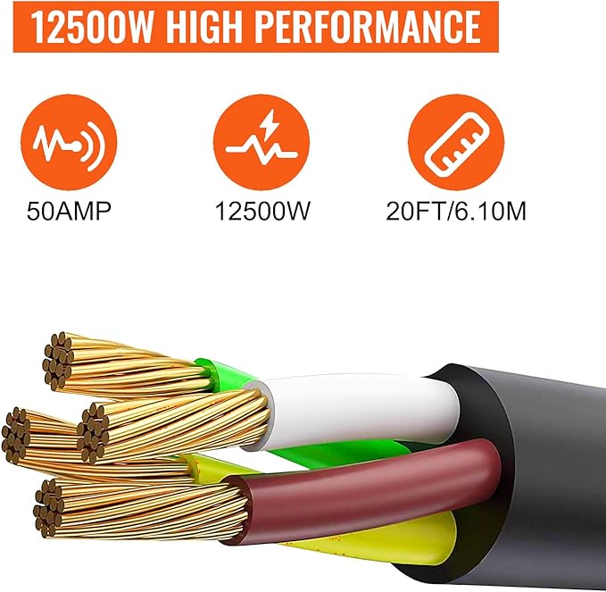 VEVOR 20 ft 50 Amp Generator Extension Cord 50amp, NEMA 14-50P to SS2-50R CS6364, STW 6/3+8/1 AWG 12500W UL Listed Twist Lock Heavy Duty Waterproof Outdoor for Home Backup RV