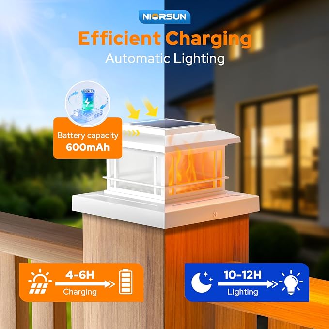 NIORSUN Solar Post Lights Outdoor, Fence Post Solar Lights with Flickering Flame Light & 3 Color Temps, Waterproof, Garden Patio Fence Deck Decor, 4x4 Posts Caps, 4x4, 5x5 Wooden & Vinyl (8Pack,White)
