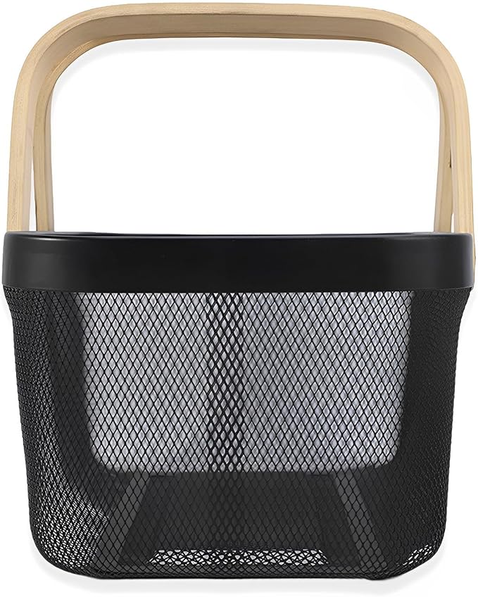 Cheardia 2 Pack Picnic Baskets, Metal Mesh Harvest Basket with Foldable Wooden Handle, Rectangle Garden Storage Basket Bin for Vegetable Fruit Garden Kitchen Cabinet Picking Gathering